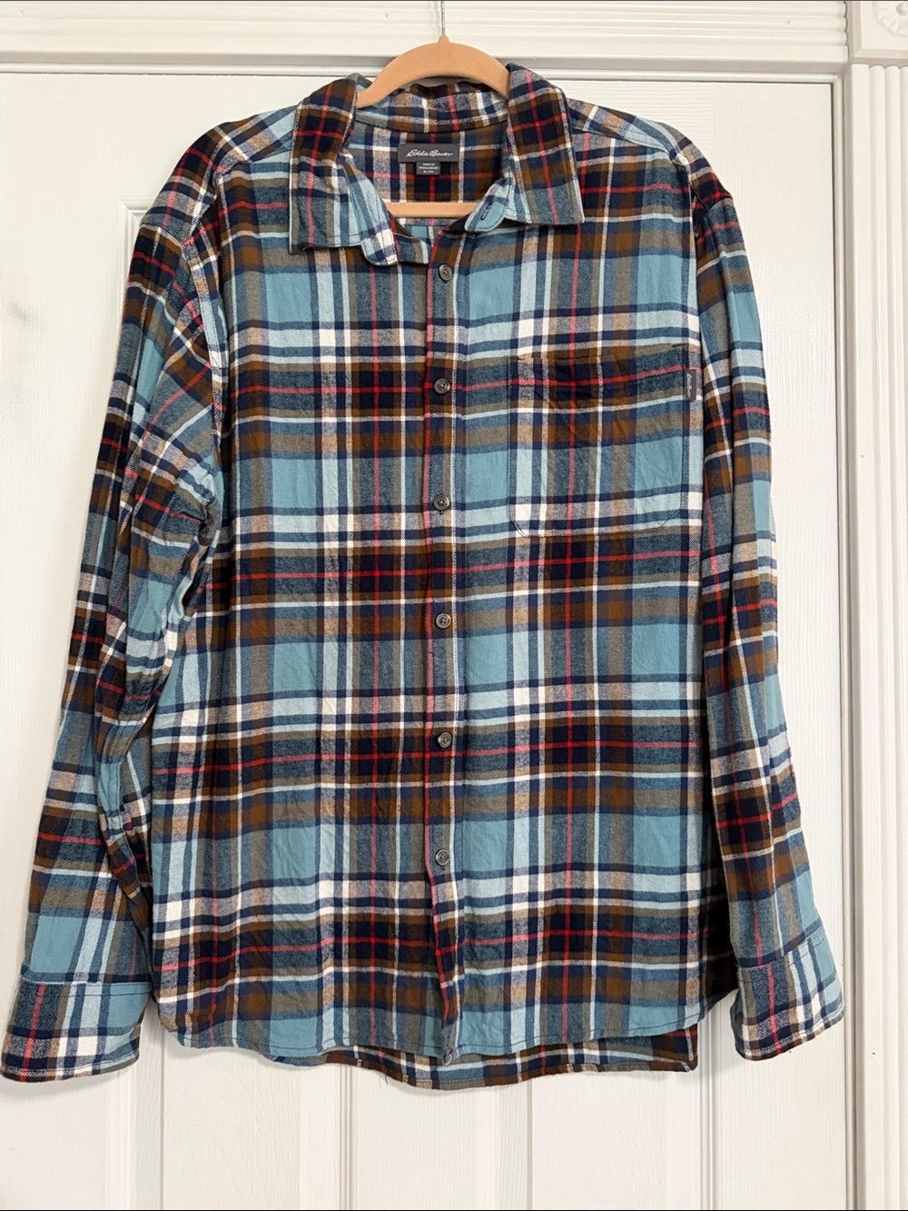 Eddie Bauer Light Blue and Brown Plaid Button-Down Shirt